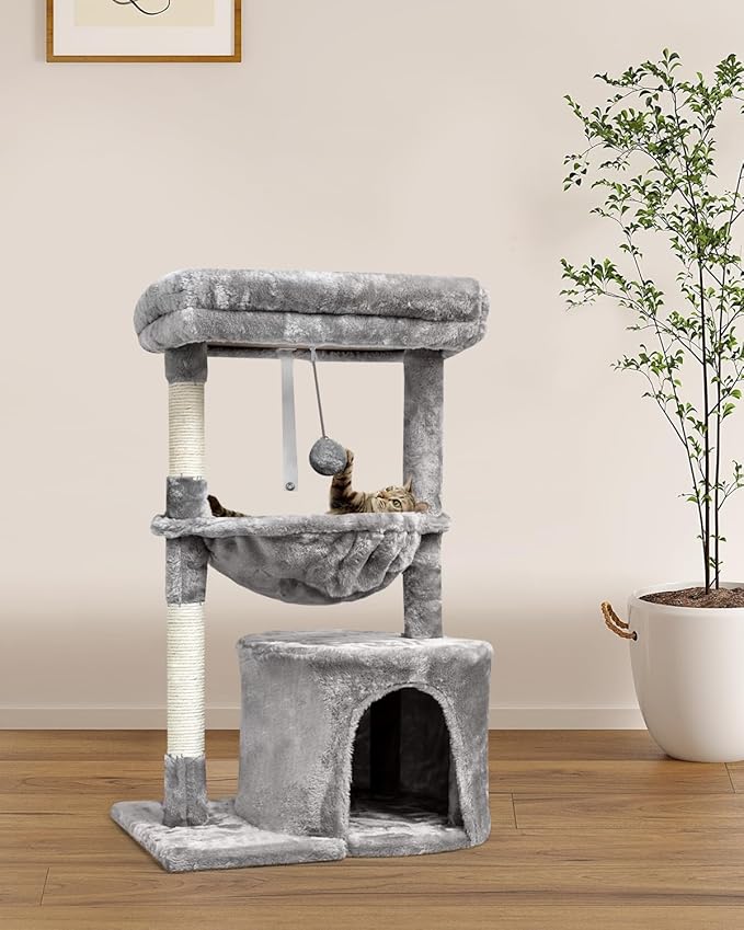 SYANDLVY Small Cat Tree for Indoor Cats, Activity Cat Tower with Scratching Post for Kittens, Modern Cat Furniture with Basket & Hanging Ball for Play Rest, Grey