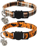 Lionet Paws 2pcs Pack Cotton Cat Collar,Breakaway Buckle with Halloween and Brand Pendant Cute Adjustable Cat Kitten Collar,Ideal for Girl Cats