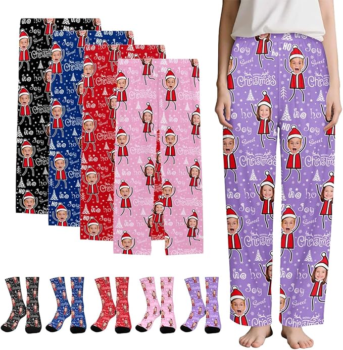 Custom Couple Pajama Pants Sock with Funny Face, Personalized PJ Anniversary Birthday Women Men Pants