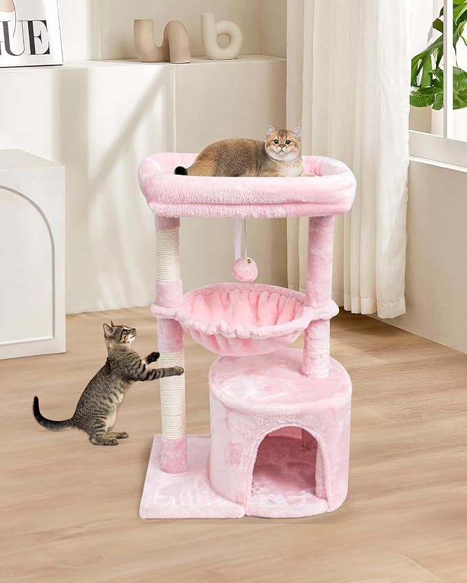 SYANDLVY Small Cat Tree for Indoor Cats, Cat Tower with Scratching Post, Modern Cat House with Padded Perch, Kittens Condo with Cradle, Cat Cave, Pink