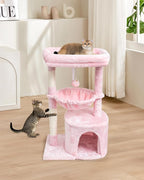 SYANDLVY Small Cat Tree for Indoor Cats, Cat Tower with Scratching Post, Modern Cat House with Padded Perch, Kittens Condo with Cradle, Cat Cave, Pink