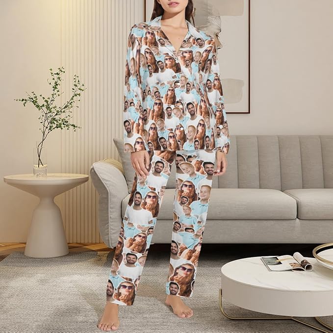 Custom Face Pajamas for Women Men,Personalized Dog Cat Pet Pajamas Set,Christmas Long Sleeve Sleepwear Pjs