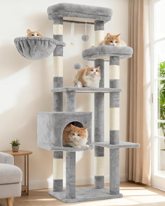 Cat Tree for Indoor Cats, 55.1 inch Cat Tower with 7 Sisal Scratching Posts, Multi-level Cat Condo wit Large Play Platform Furry Ball, Cat Cave, 2 Padded Perches, Basket, Light Gray GCT013W