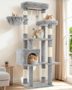 Cat Tree for Indoor Cats, 55.1 inch Cat Tower with 7 Sisal Scratching Posts, Multi-level Cat Condo wit Large Play Platform Furry Ball, Cat Cave, 2 Padded Perches, Basket, Light Gray GCT013W