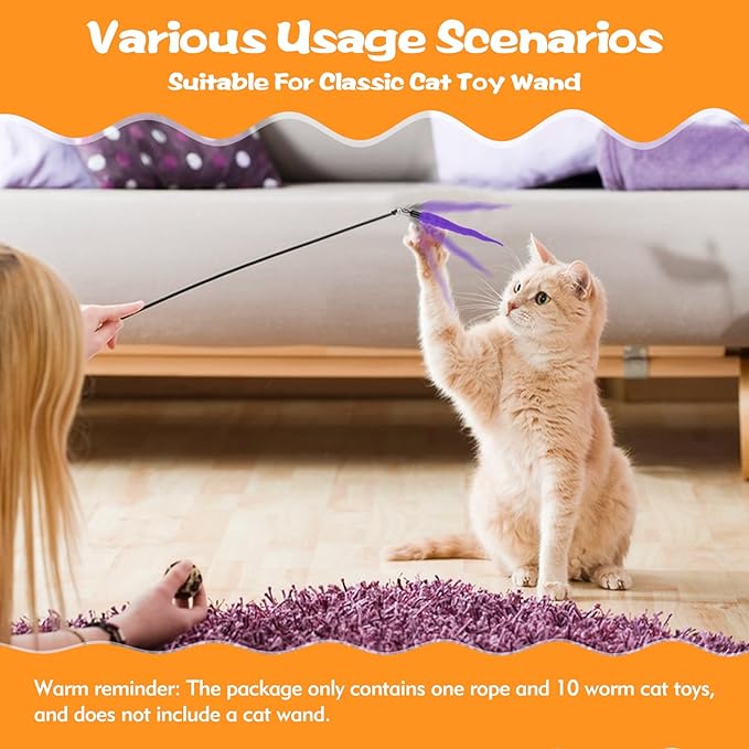 10PCS Cat Worm Toy, Cat Wand Attachment Fuzzy Worm Toys Refill with 1PCS Black String for Wand Replacement, Interactive Cats Kittens Toys for Indoor