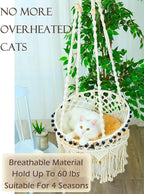 KARCEEY Macrame Cat Hammock - Hanging Cat Bed for Wall & Window - Boho Swing with Full Hardware Kit & Nip Toy - Stable Heavy Duty Design for Large & Senior Felines up to 60lbs