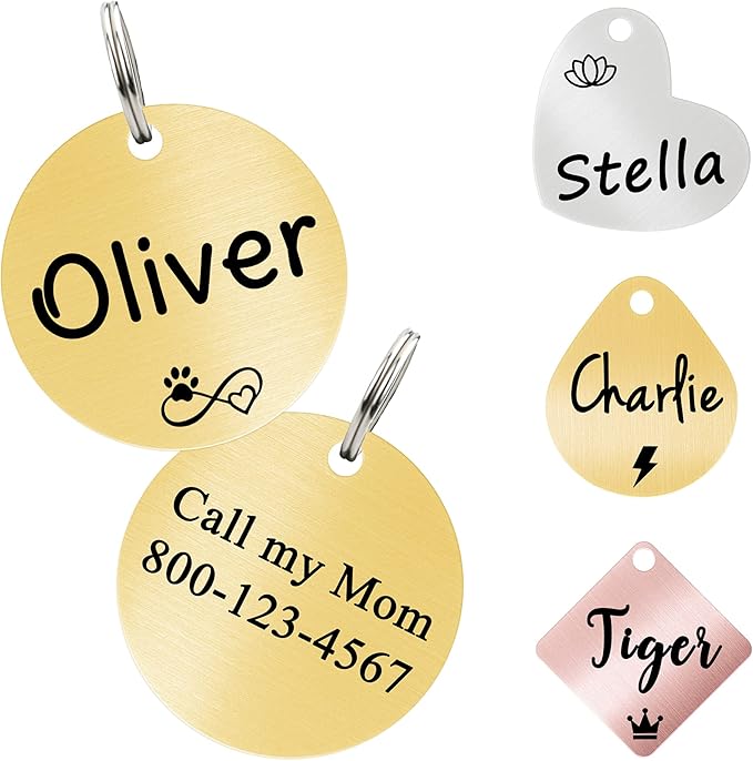 Ultra Joys Cat ID Tag Personalized Pet Tags, Durable Stainless Steel Small Pet Mini Dog Cat Tag Lightweight -Round Tag in Gold