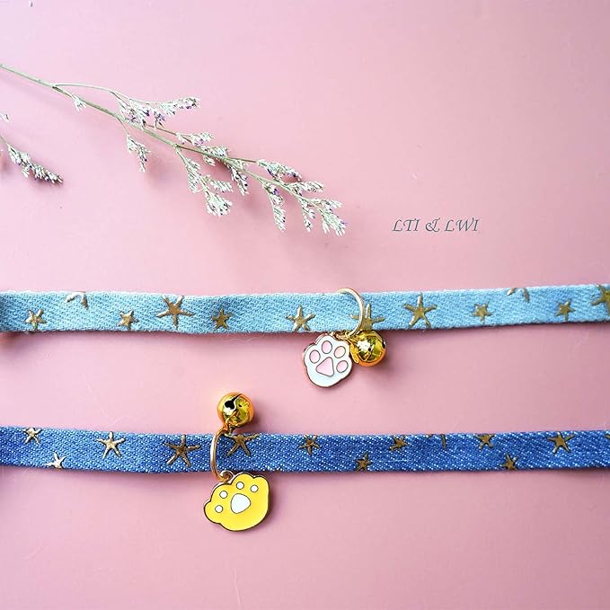 2 Pack Denim Breakaway Cat Collars with Bell Cat Paw Pendant Kitty Kitten Collars Blue Collar for Female Girl Cats Male Boy Cats Star Print