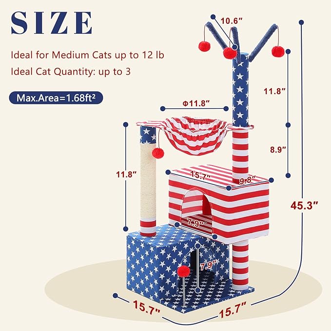 American Flag Cat Tree for Kittens & Senior Cats, 45” Stable Cat Tower Corner Fit, Patriotic Star & Stripes Cat House for Small Spaces with 2 Condos, Hammock & Reinforced Scratching Posts