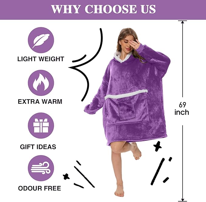 Wearable Blanket Hoodie with Giant Pocket, Soft Warm Sherpa Fleece Oversized Blanket Sweatshirt Gifts for Women Men