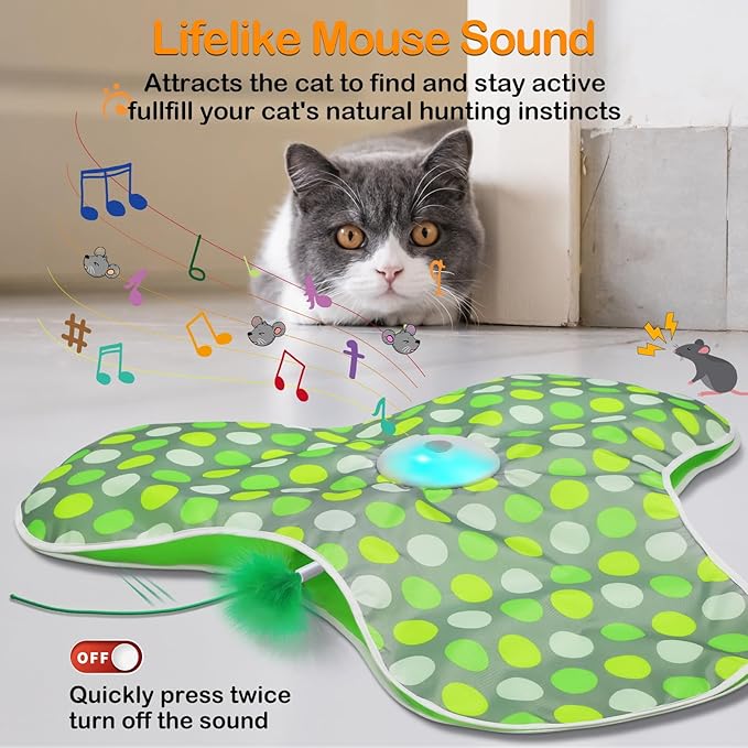 Interactive Cat Toys Rechargeable,Moving Concealed Feathers,Real Mouse Squeaky,Touch Activated Cat Kitten Toy Exercise Toys for Indoor Bored Adult Cats