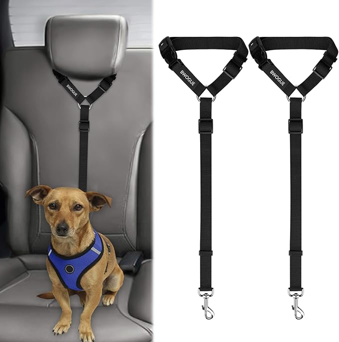 BWOGUE 2 Packs Dog Cat Safety Seat Belt Strap Car Headrest Restraint Adjustable Nylon Fabric Dog Restraints Vehicle Seatbelts Harness