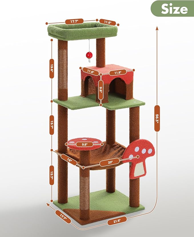 Mushroom Cat Tree Tower with Removable Scratcher, Large Hammock, Condo, Perch, 3 Sisal Posts – Multi-Level Cat Tree for Indoor Cats, Cute Cat Tower for Small Space Homes