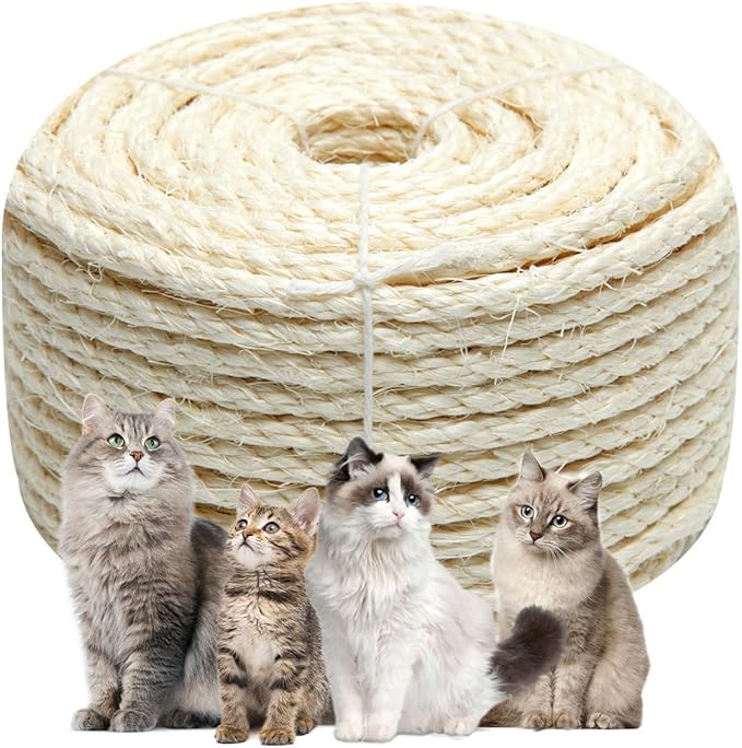 White Sisal Rope 1/4 Inch by 32-Feet for Cat Scratching Post Tree Tower Replacement Repair and Replace, DIY Hemp Twine Rope for Kittens Shelves Furniture Window Bed Perch House Climbing, 6mm by 10m