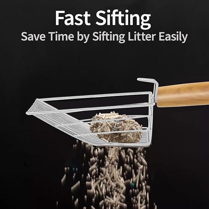 UFECODO Fast Sifting Cat Litter Scoop with Holder Stand, Stainless Steel Poop Scooper with Ergonomic Wood Handle, Heavy Duty and Easy Clean