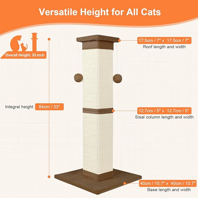 Cat Scratching Post 33 Inch Nature Sisal Cat Scratch Post for Indoor Cats, Large Cat Scratcher Protect Your Furniture, for All Breeds Brown