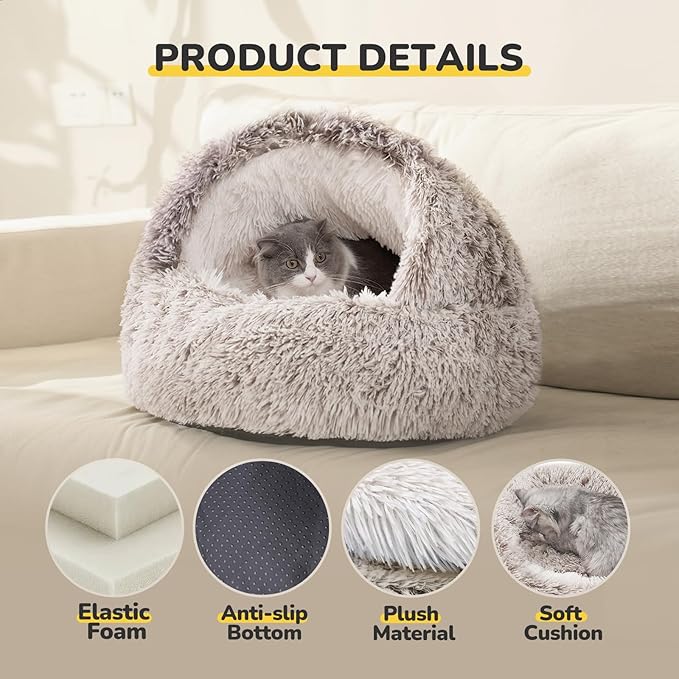 CATISM Cat Bed, Plush Hooded Cat Beds for Indoor Cats, Self Warming Cats Beds Cave, Cozy Pod for Indoor Kitten or Small Dog, Removable Washable with Non-Slip Bottom