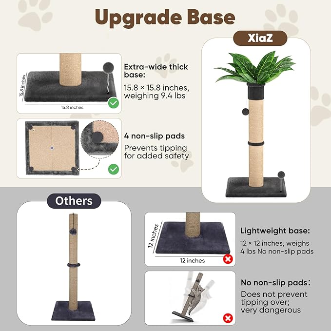 XiaZ Cat Scratching Post 34 Inches Tall, Cat Tower Scratcher Extra Wide 15.8" Stable Base with 2 Interactive Toy Balls, Premium Natural Sisal & Plush Fabric for Any Size Cats (Dark Gray, 4.5in)