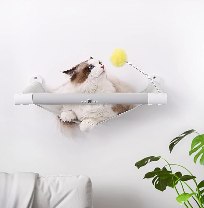 SVD.PET Cat Hammock Wall Mounted with Toy, Soft Padded & Comfortable Cover, Modern Design Premium Cat Furniture Shelf, Supports up to 40 lbs (Comfy Plus, White)