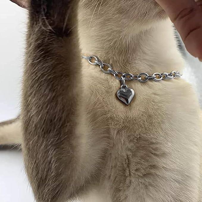 HOWWFALY Dog Collar and Cat Chain Necklace Stainless Steel Adjustable 18K Sliver Heart-Shaped Necklace for Small Pets Cats Kitten Puppy (Sliver, 7 inch)