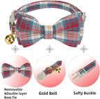 2 Pack Soft Cotton Cat Collars with Bowtie and Bell Breakaway Plaid Cat Kitten Collar(Red and Green)