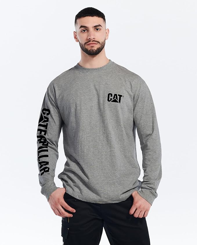 Caterpillar Trademark Banner Long Sleeve Tee Shirts for Men with Center Back Neck Wire Management Loop and Cat Workwear Logo