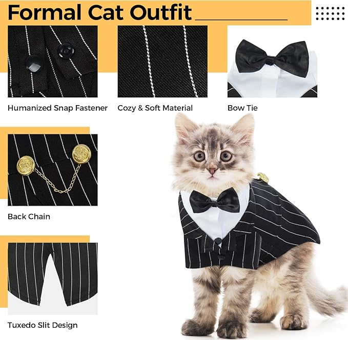 DENTRUN Cat Tuxedo Outfit, Sphynx Cat Costume Formal Suit with Bow Tie, Stylish Cat Shirt Fashion Apparel Fancy Clothes, Kitten Formal Attire Wedding Onesie Costume for Cats Only