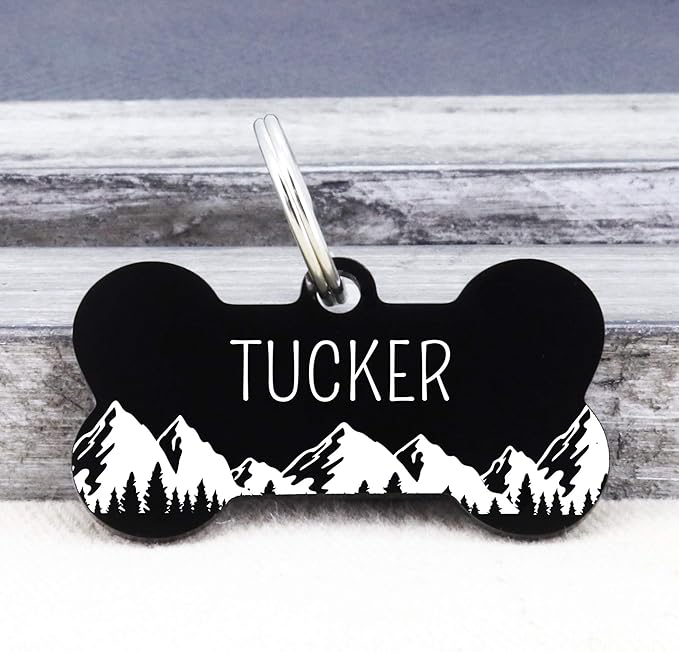 Ultra Joys Stainless Steel Pet ID Tag Dog Name Tags Personalized Front and Back Engraving, Customized Dog Tags and Cat Tag, Optional Engraved on Both Sides, Bone Tag with Mountain Design, Large