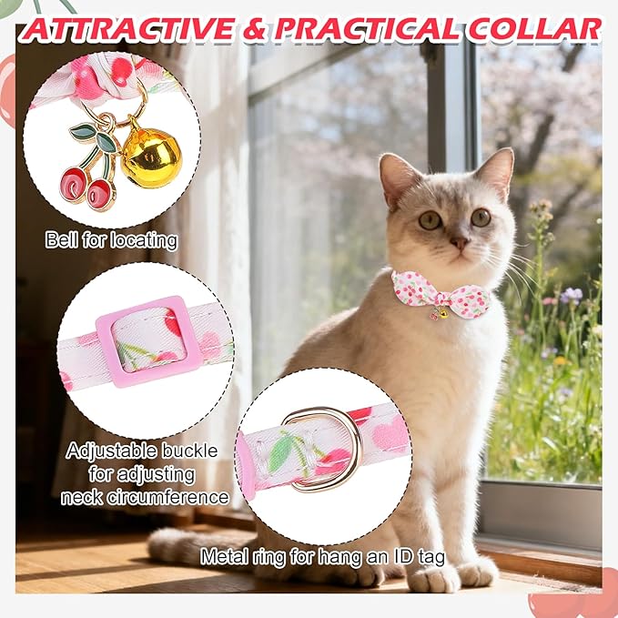 EXPAWLORER Bunny Ear Cat Collar with Bell, Soft Breakaway Kitten Collar with Bow and Accessory, Pink Girl Cat Collars with Safety Quick Release Clasp, Pet Collar for Valentine's Day (Cherry)
