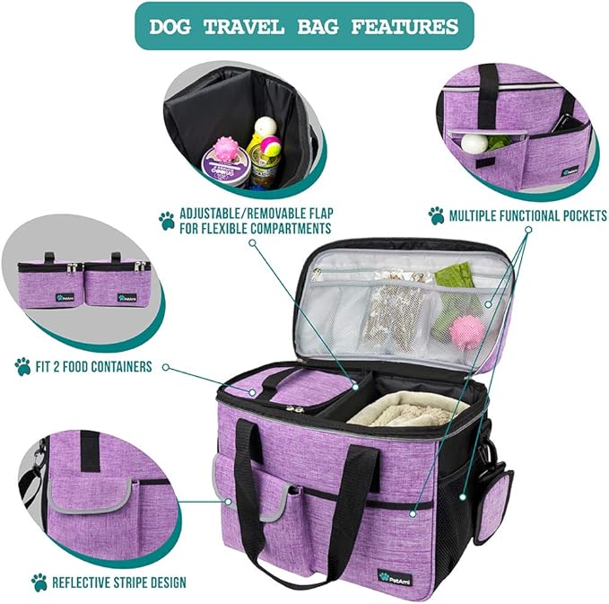 PetAmi Dog Travel Bag - Travel Pet Organizer with Food Container and Bowls, Perfect for Weekend Camping, Cat Diaper Bag (Purple, Medium)