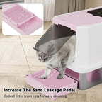RIZZARI Enclosed Cat Litter Box: Large Top & Front Entry - High-Sided Anti-Scatter Design - Stainless Steel Odor Control - Easy Clean Teflon Non-Stick Coating- Pink Litter Pan - Entryway/Closet Nook