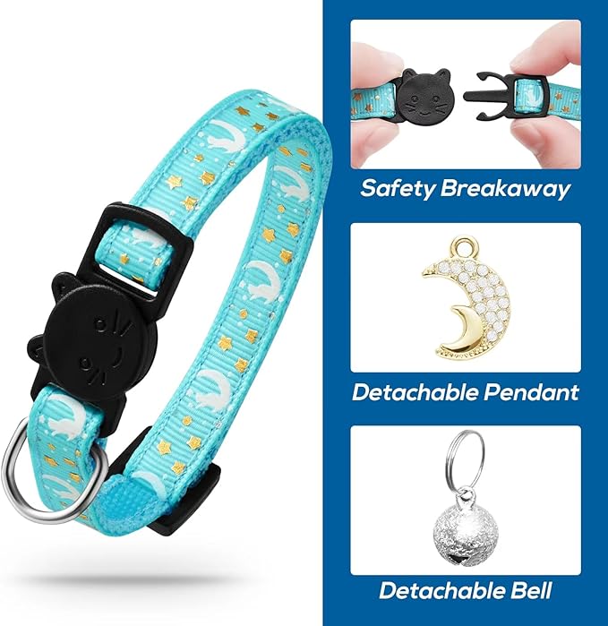 4 PCS Breakaway Cat Collars with Bell Moons Stars,Kitten Collar and Adjustable with Pendant Glow,Cute Kitty Collar for Girl Boy Cats,Pet Gifts,Accessories(4 Colors)