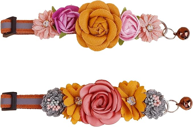 2 Pack Cat Collar Pink Floral with Bell and Removable Flower Bowtie Breakaway Adjustable Cat Collar for Girl Kitten Puppy Small Cats Dogs Daily Decoration (XQ10-4)