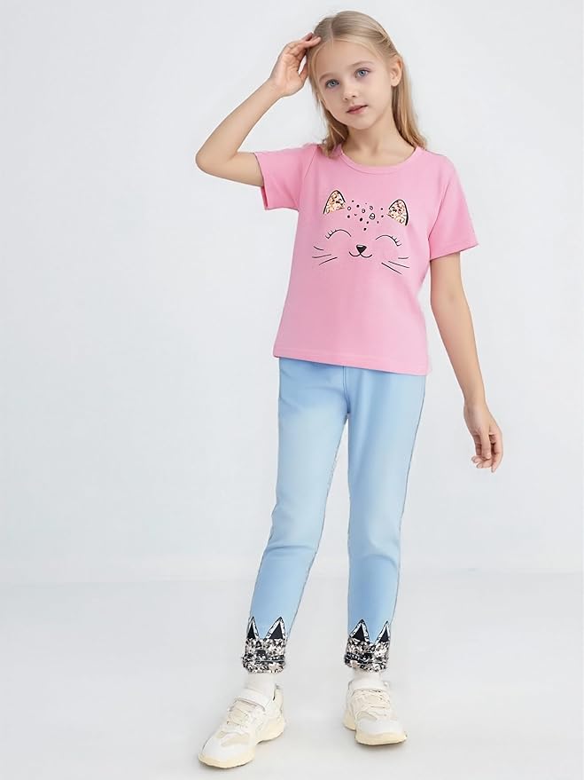 4-8T Toddler Girl Clothes Cat face print Short Sleeve Top+Pants Outfits Girl Spring and summer 2-Piece Set