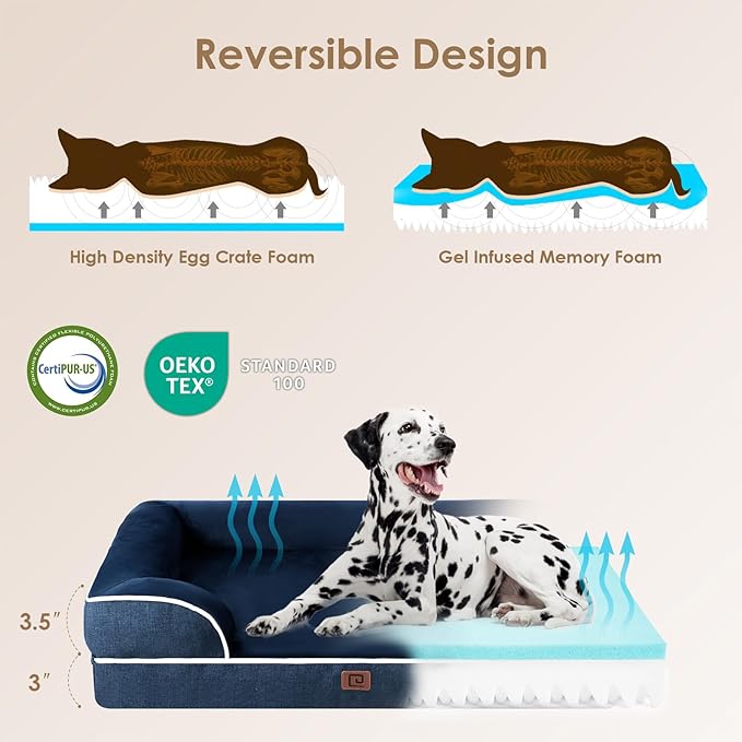EHEYCIGA Orthopedic Dog Beds for Large Dogs, Waterproof Memory Foam Large Dog Bed with Sides, Non-Slip Bottom and Egg-Crate Foam Pet Couch Bed with Washable Removable Cover, Navy
