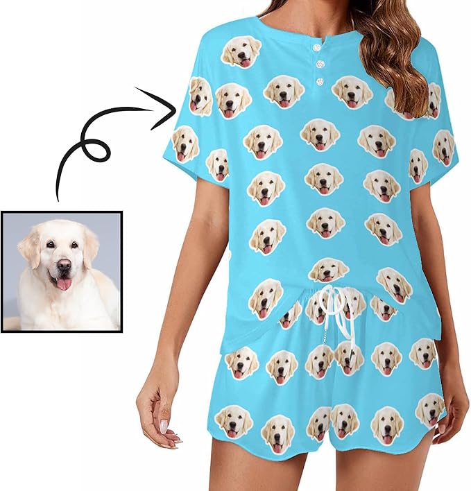 Custom Short Pajamas Set with Face Photo Women‘s Sleepwear Tee Personalized PJ Short Loungewear Set fot Her