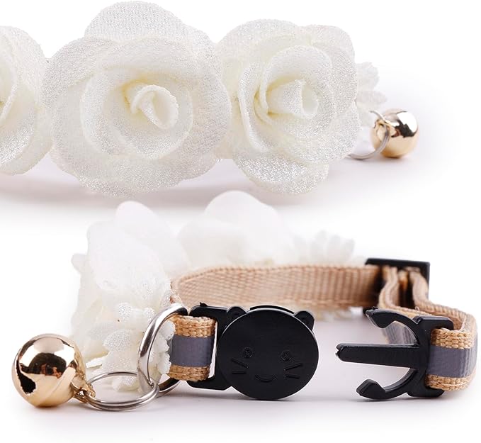 2 Pack Cat Collar Pink Floral with Bell and Removable Flower Bowtie Breakaway Adjustable Cat Collar for Girl Kitten Puppy Small Cats Dogs Daily Decoration (XQ10-7)