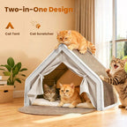 Cat Houses for Indoor Cats - 4 Seasons Cat Bed Cave with Natural Sisal Cat Scratcher Mat, Solid Wood Frame Cat House with Curtains and Cat Floor Scratching Pad Rug, Protect Couch and Carpets, S