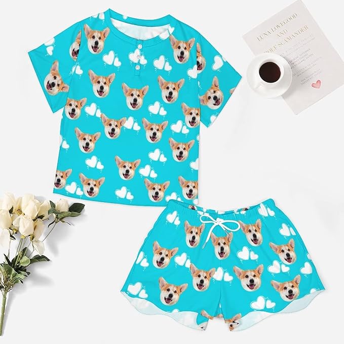 D-Story Custom Short Pajama Set with Pet Face Personalized Photo Sleepwear 2 Pieces Pjs Nightwear Xmas Gift for Women