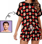 Custom Short Pajamas Set with Face Photo Women‘s Sleepwear Tee Personalized PJ Short Loungewear Set fot Her
