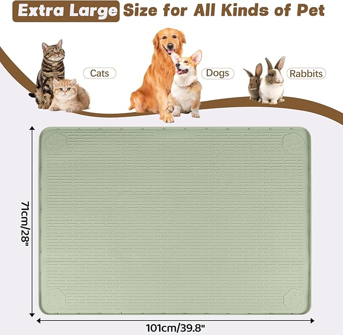 Cat Food Mat, 40" x 28" Extra Large Silicone Pet Feeding Mat with Raised Edge Pet Placemat for Food and Water Bowl Non-Slip, Easy to Clean, Floor Protection (Green)