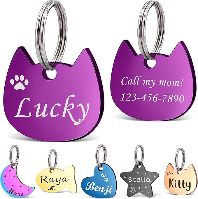 Anavia Small Size Dog Cat ID Tags, Small/XS Personalized Color Plated Stainless Steel Puppy Kitten Name Tags, Customized Engraved Nameplate Pet Collar Tag (Purple, Cat Head)