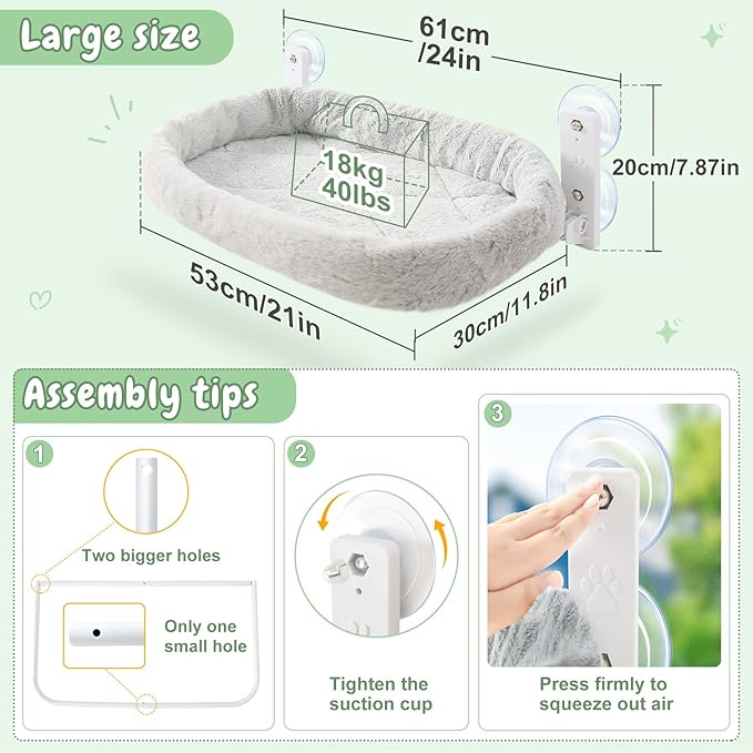 Sunhoo 2PCS Cat Window Perch Hammock Cordless Kitty Sunny Bed Seat Window Sill Shelf for Inside Cats Foldable Lounger with 4 Strong Suction Cups Soft Plush Cover 21 * 11.8 in Holds up to 40lbs (Grey)