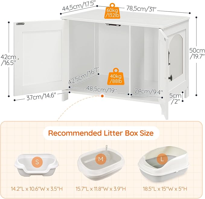 HOOBRO Litter Box Enclosure, Cat Litter Box Furniture with Removable Divider, Large Hidden Litter Box Furniture, Wooden Cat House, End Side Table, 31" L x 17.5" W x 19.7" H, White WT03MW01G2