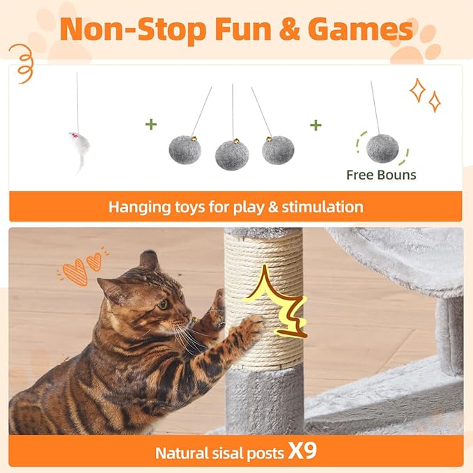 Taoqimiao Large Cat Tree，73-Inch Cat Tree Tower with 9 Scratching Posts for Indoor Cats, 2 Large Cat Condo with Hammock, Hanging Basket, 2 Extended Platform, Light Gray MS013XLW