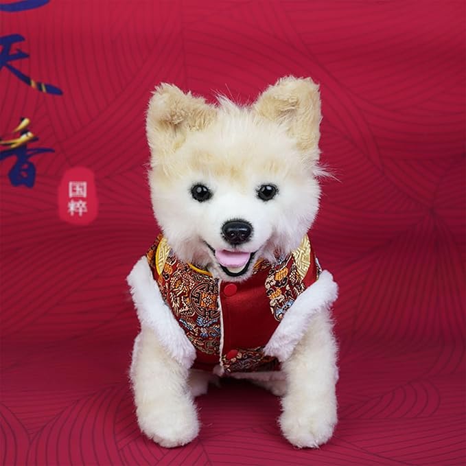 BAMY New Year Small Dog Coat Warm Cat Costume Winter Pet Clothes Vest of The Tang Dynasty Christmas Hoodie for Boy Puppy Kitten Teddy Bichon (M (Chest Circumference 18.1in))