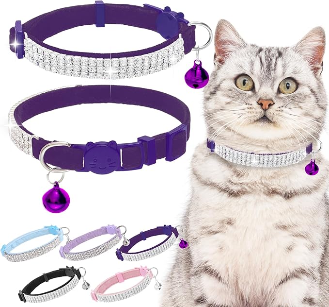 EXPAWLORER Soft Velvet Safe Cat Collars for Girl Cats - Rhinestones Bling Diamante Adjustable Collars Breakaway- Chirstmas Cat Clollar Gifts with Bells for Boy Cats Kitty and Small Dogs