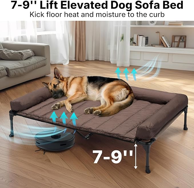 Veehoo Cooling Elevated Dog Bed Add Removable Waterproof Bolster Cushion Mat, Raised Pet Cot with Breathable Teslin Mesh, No-Slip Feet, Dog Couch Bed for Indoor Outdoor, 53 inches, Brown
