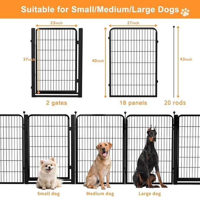 Dog Fence Outdoor Pens Outside,Portable Dog Play Pen 40" H 20 Panels Pet Playpen Exercise Pens for Puppys Small Medium Large Dogs RV Camping Yard Garden Indoor Wide Gate