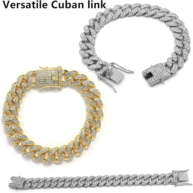 2 Pcs Diamond Cuban Link Kitten Walking Collar with Secure Buckle Pet Rhinestones Necklace Metal Chain Jewelry Accessories for Cats Dogs Kittens Puppies, Gold and Slivery (11inch)